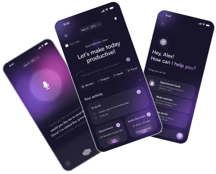 Voice assistant app — iPhone 16 screens