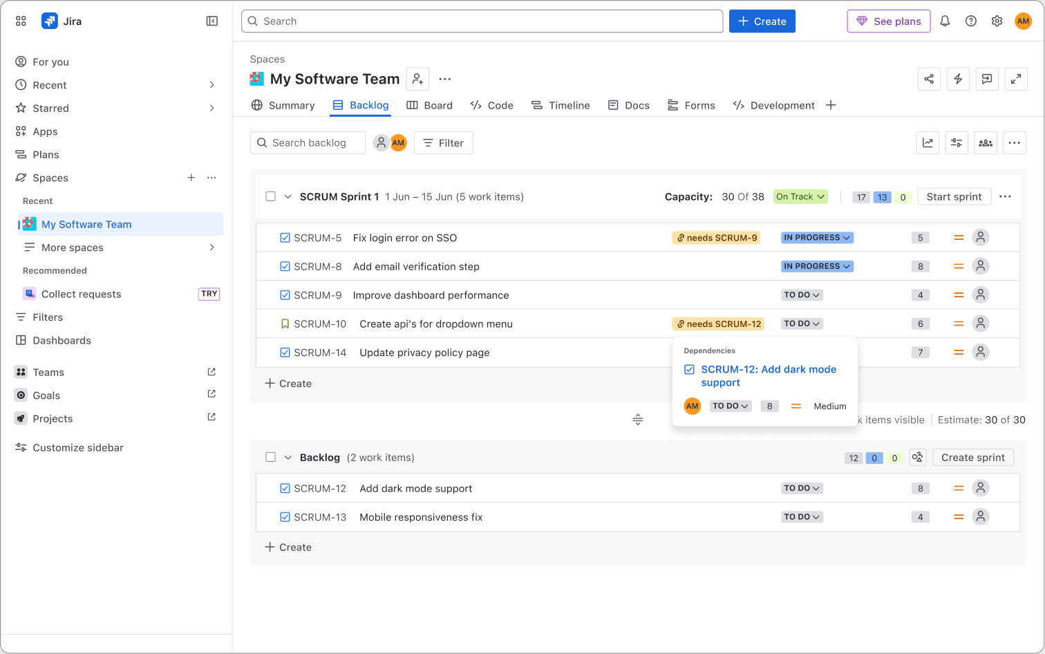 Jira sprint-capacity screen showing on-track capacity