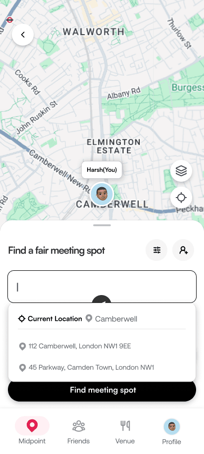 Venn asking for a fair meeting spot between two locations
