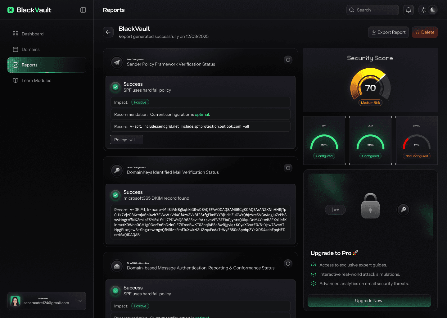 BlackVault security report screen listing SPF, DKIM and DMARC checks