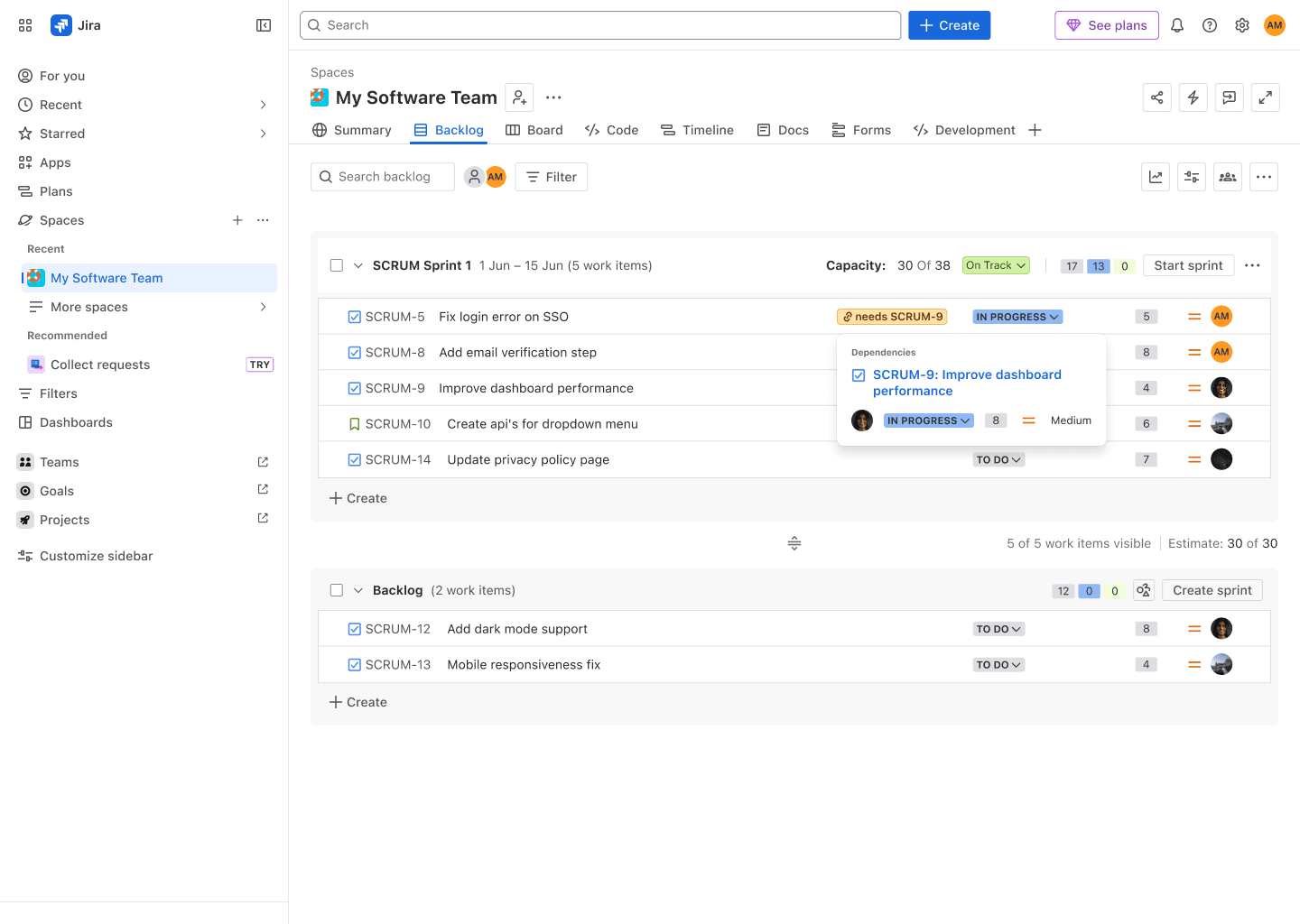 Dependency badges directly on the task